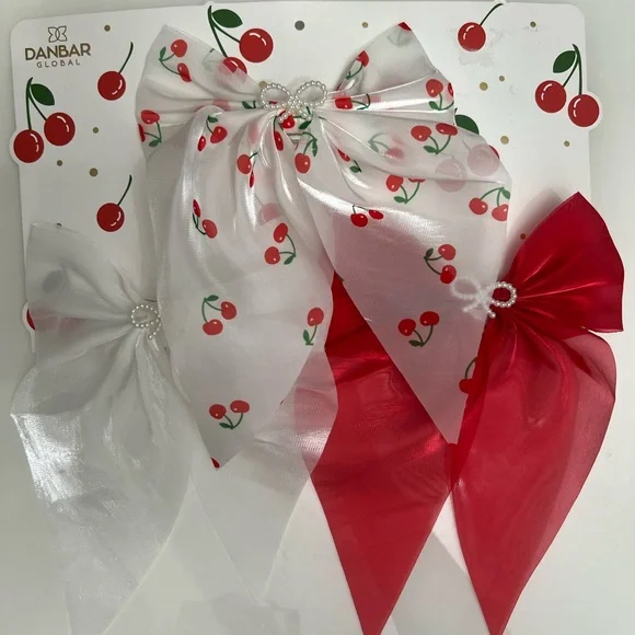 New Cherry Print Hair Bow Set - Red and White - Picture 2 of 6